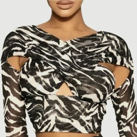NAKED WARDROBE Zebra Print Mesh Wrap Cut Out Crop Top, Black/White L NWT - Picture 2 of 8